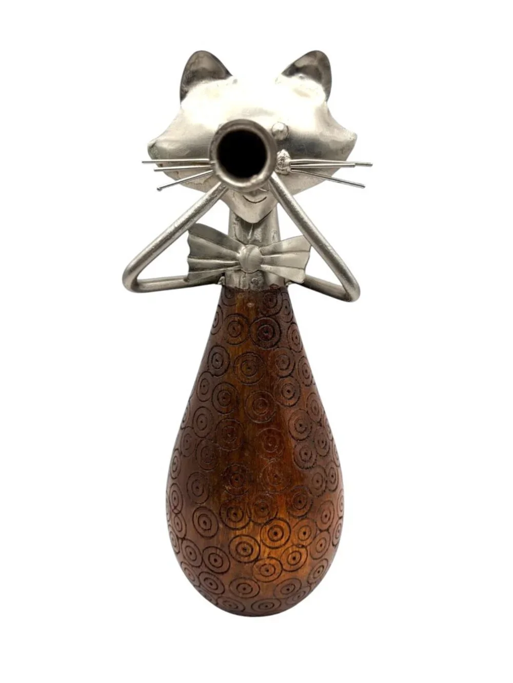 Pier 1 Carved Wood & Metal Cat Figurine Playing Trumpet Horn Sculpture 10